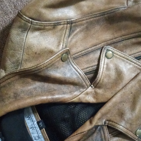 CMM VINTAGE DISTRESSED BELTED 100% LEATHER JACKET LARGE BROWN/TAN - Picture 9 of 13
